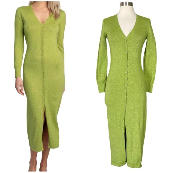 Resa | Revolve Lime Green Sparkle Knit Button Long Sleeve Midi Sweater Dress XS - Picture 1 of 10